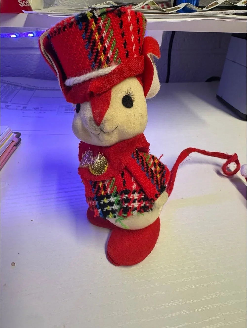 Vintage Flocked Mouse Christmas Plaid Kitschy